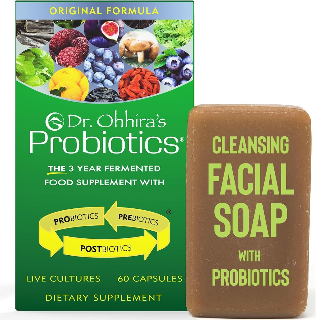 Dr. Ohhira's Probiotics Original Formula 60 Capsules with Bonus Beauty Bar Soap Travel Size 20g - No Refrigeration Supplement for Women and Men, 13 Probiotic Strains