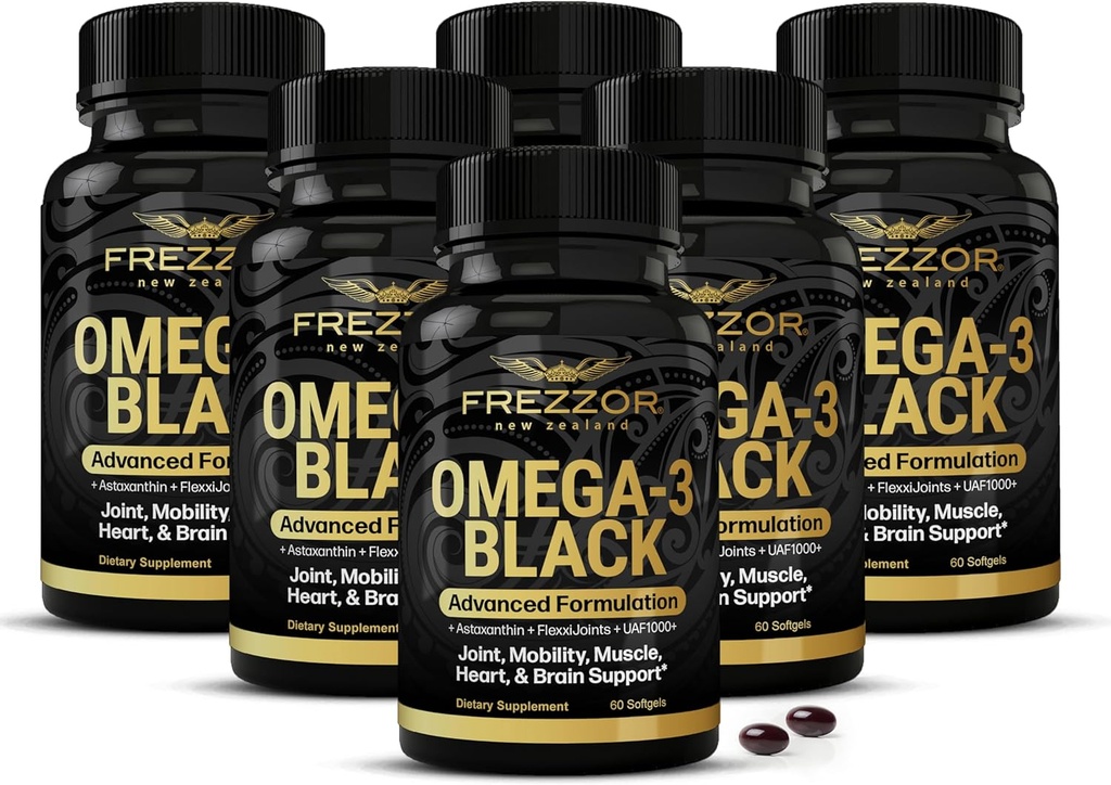 FREZZOR Omega 3 Sort til fælles pleje & Comfort - New Zealand Green Lipped Mussel Oil Capsules; 53x Højere potens med UAF1000 + Super Antioxidant, Ingen Fishy Eftersmag, 450mg, 6-Pack, 360 Softgels
