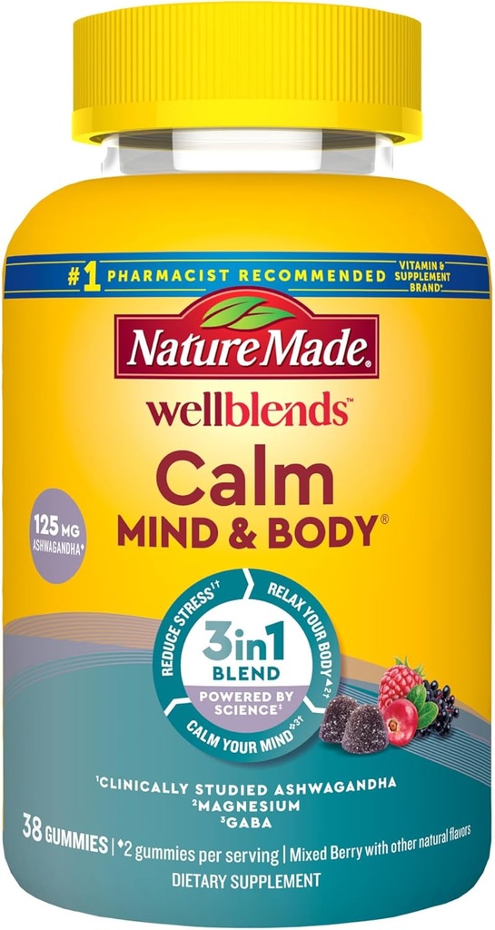 Nature Made Wellblends Room Mind & Body, Magnesium Citrate, Ashwagandha 125mg & GABA 100mg Blend for Stress Relief, 38 Gummy Vitamin