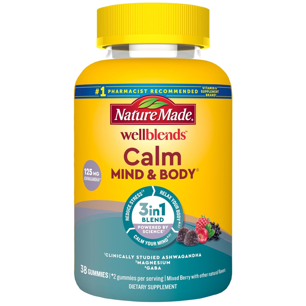 Nature Made Wellblends Room Mind & Body, Magnesium Citrate, Ashwagandha 125mg & GABA 100mg Blend for Stress Relief, 38 Gummy Vitamin