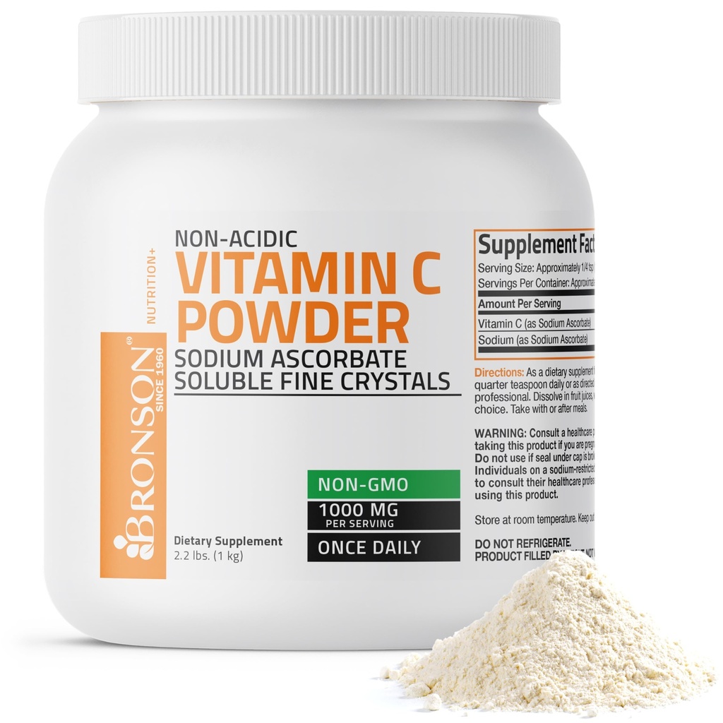 Bronson NonAcid C-vitamin Pulver Natriumascorbat Non GMO Opløselige Fine krystaller - Sund immunsystem, Antioxidant og Cell Protection, 1 Kilogram (2,2 lbs, 35,3 Ounces)