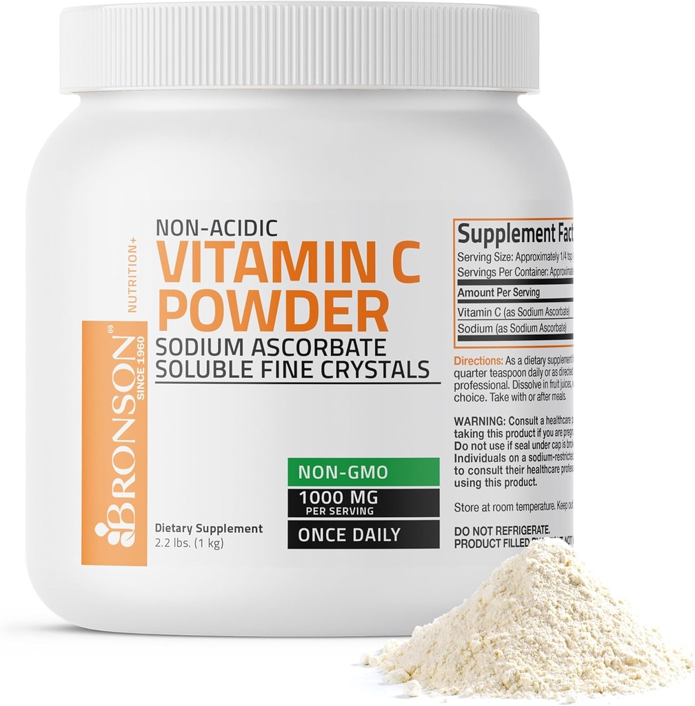 Bronson NonAcid C-vitamin Pulver Natriumascorbat Non GMO Opløselige Fine krystaller - Sund immunsystem, Antioxidant og Cell Protection, 1 Kilogram (2,2 lbs, 35,3 Ounces)