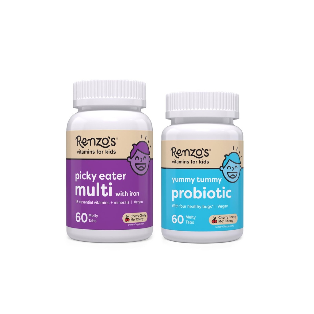 Renzos Vitamin Happy Tummies Bundle, Probiotika til børn og Picky Eater Kids Multivitamin