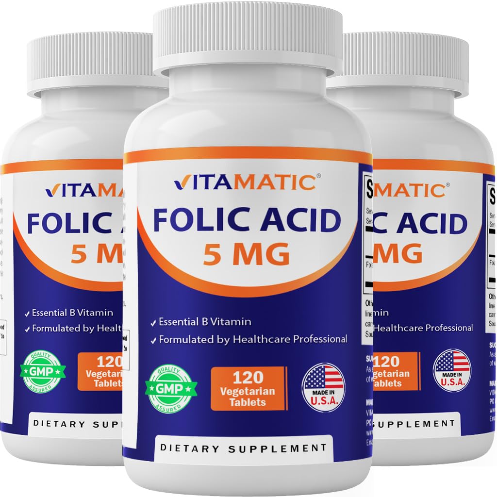 Vitamatisk folinsyre 5mg (5000 mcg) - 120 Vegetariske tabletter per flaske - Vitamin B9 (Folate) - 3- Pack- 124; Total 360 tabletter