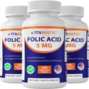 Vitamatisk folinsyre 5mg (5000 mcg) - 120 Vegetariske tabletter per flaske - Vitamin B9 (Folate) - 3- Pack- 124; Total 360 tabletter