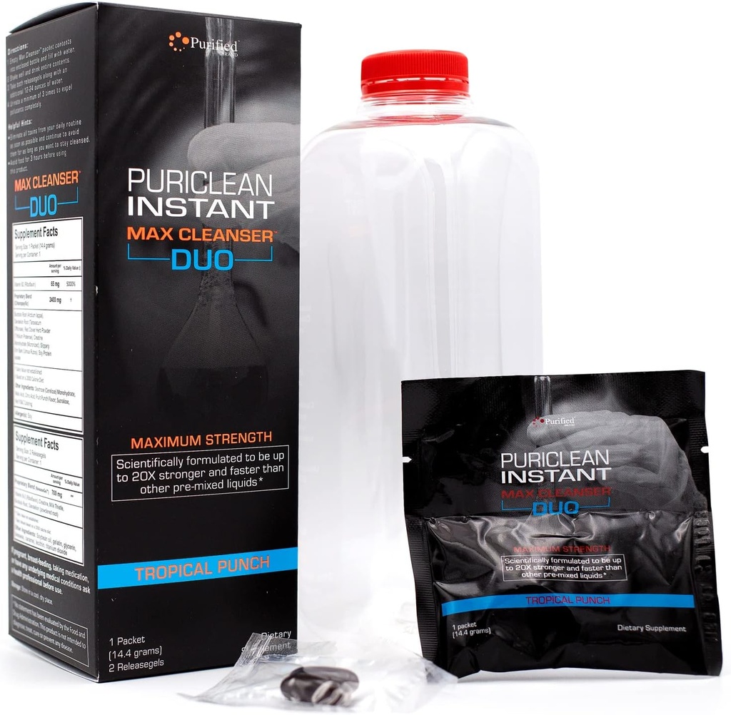 Wellgenix Puriclean Instant Max Cleaner Duo, 20X stærkere hurtigt fungerende pulver & bløddele, Tropical Punch Flavor, Premium Herbal Cleanse Detox, Ideel til ekstrem toksin niveauer, 1 pakke & 2 releasegels