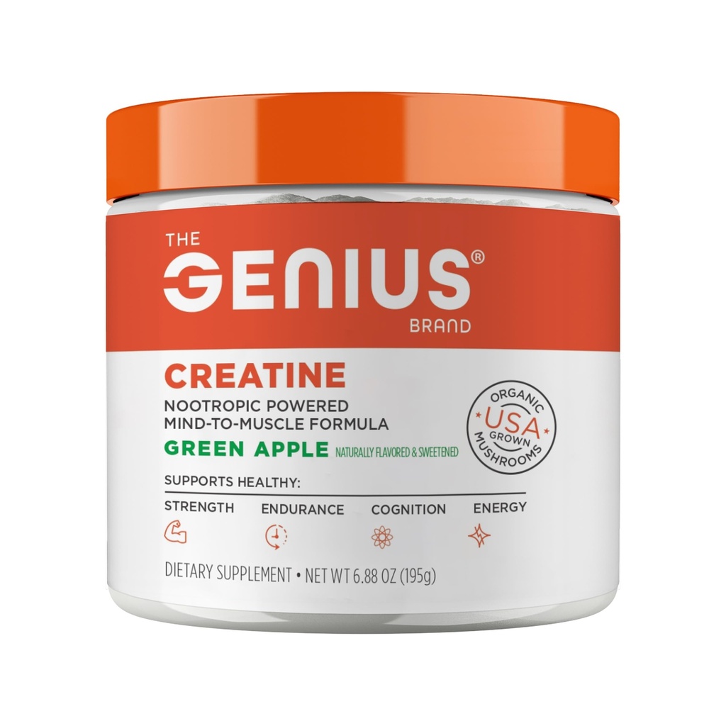 Genius Mikroniseret Creatin monohydrat pulver, Post Workout supplement, Green Apple - 100% naturligt aromatiseret & sødet - Understøtter muskeltræning, cellulær energi & kognitiv funktion - 195g