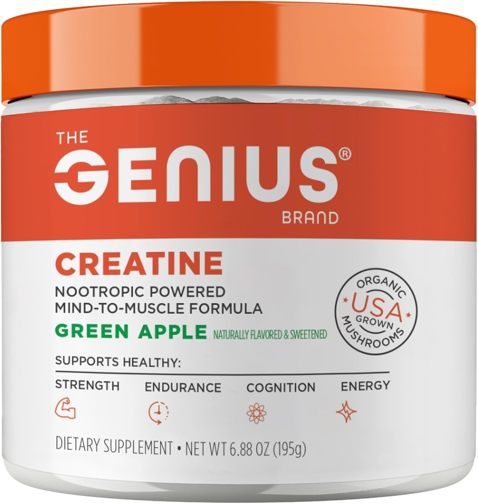Genius Mikroniseret Creatin monohydrat pulver, Post Workout supplement, Green Apple - 100% naturligt aromatiseret & sødet - Understøtter muskeltræning, cellulær energi & kognitiv funktion - 195g