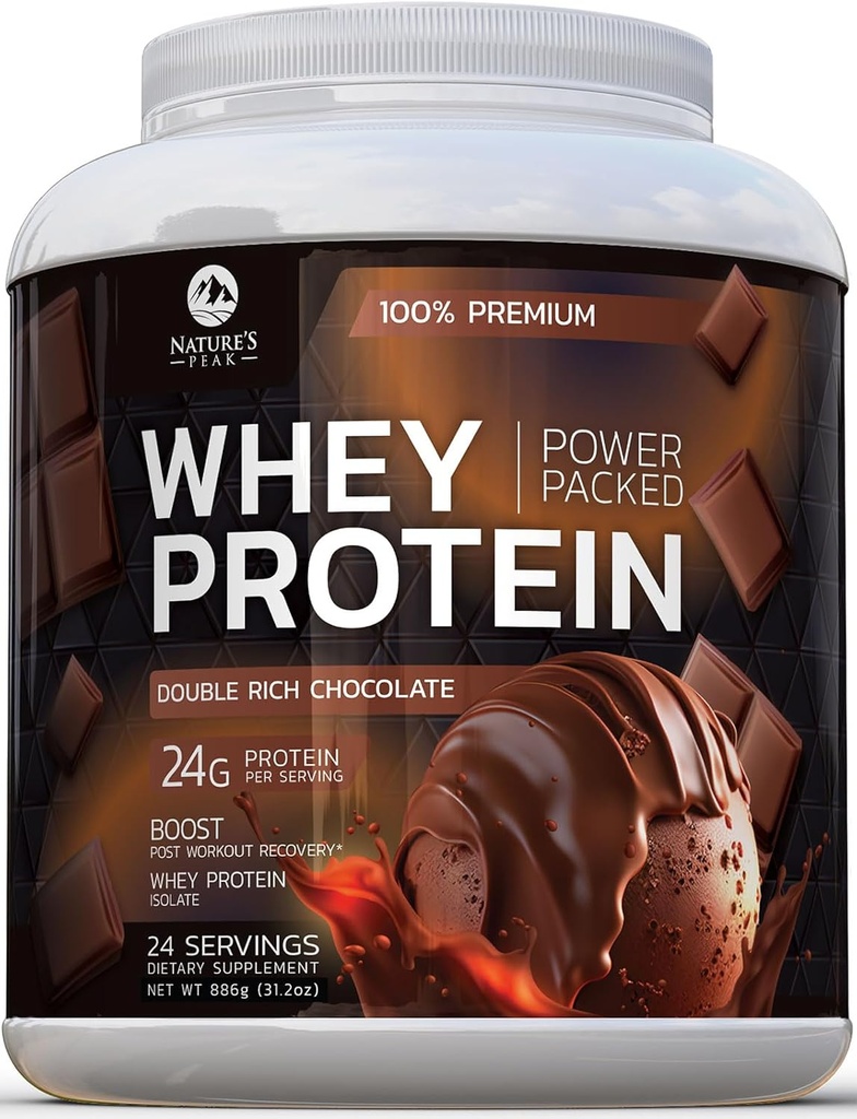 Premium 100% Whey Protein Powder 24g, Double Rich Chocolate, Advanced Isolate Protein for Muscle Gain, Recovery & immunsystem support, Ingen tilsat sukker, For Shakes & Chocolate Smoothies - 24 Serveringer