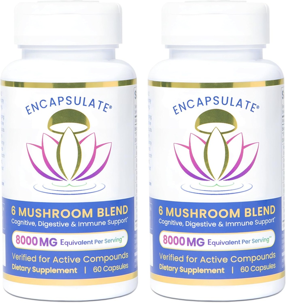 ENCAPSULATE 6 Mushroom Blend - Reishi, Chaga, Tyrkiet Tail, Cordyceps, Lions Mane & Shiitake 8: 1 Mushroom Extract - Nootrop & Adaptogen Mushroom Supplement for Gut, Brain & immunforsvar - 120 Caps