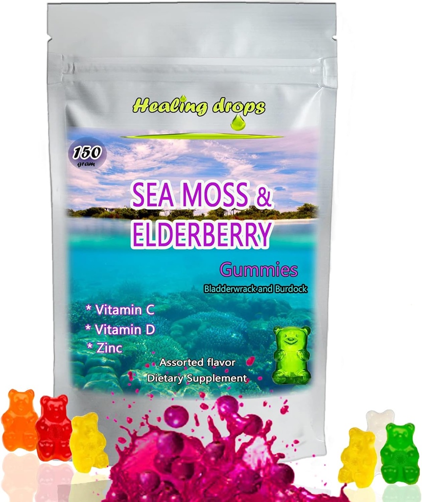 Irish Sea Moss Gummies - Raw Organic Wildcrafted Sun- Tørret Seamoss Powder Gel - med Bladerwrack Burdock Root - Alkaline Keto Vegan Non- GMO Diet - Skin Detox (Elderberry- Mix)