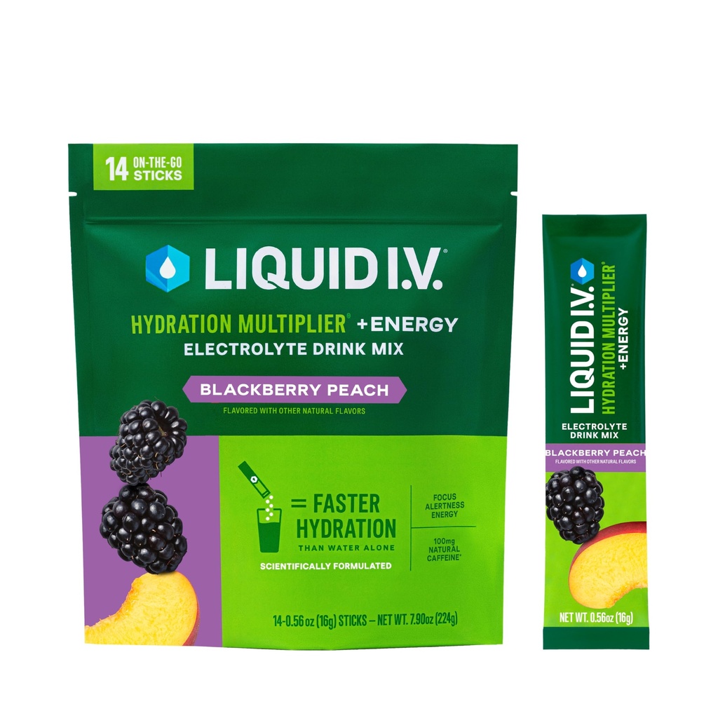 Liquid I.V.® Hydration Multiplier +Energy - BlackBerry - Peach | Electrolyte Powder Drink | 1 Pack (14 Servings)