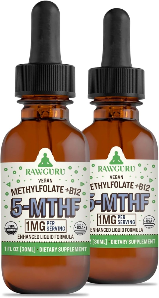RawGuru Methylfolfolat 1mg + vitamin B12 - Organic Vegan Methylerede B12 med spor Minerals - Nano- Forarbejdede & Forstærket flydende formel - 300 Serveringer af Vegan dråber pr 30 ml, pakke med 2
