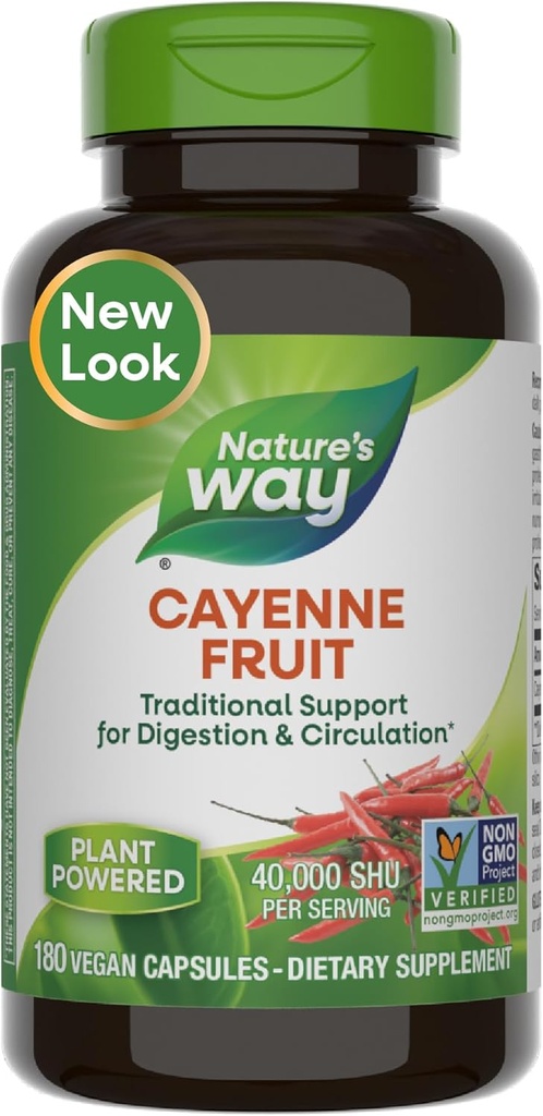 Nature 's Way Cayenne Pepper Kapsler, Traditional Fordøjelse & Cirkulation Support *, Capsaicin, Non- GMO Project Verified, Gluten Free, 180 Vegan Kapsler (Packaging May Vary)