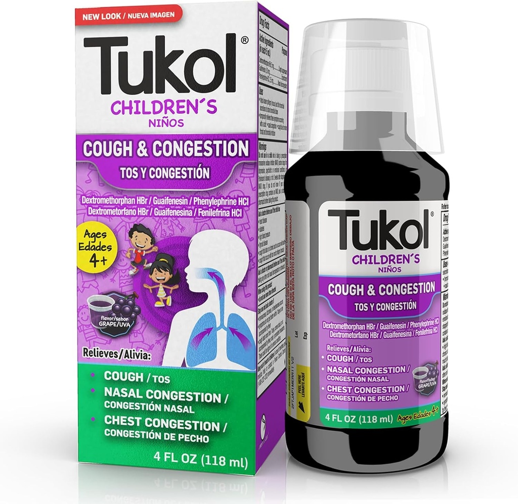 TUKOL Børnenes Hoste Medicin - Hoste & Congestion Relief, Chestal Hoste Suppressant for Børn, Børns Kolde og Hoste Medicin, Kids Hoste Syrup for Age 4 + Grape Flavor 4 FL OZ