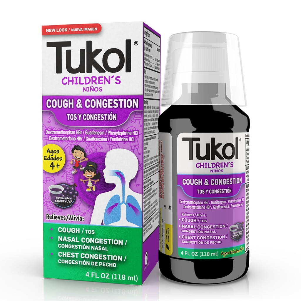 TUKOL Børnenes Hoste Medicin - Hoste & Congestion Relief, Chestal Hoste Suppressant for Børn, Børns Kolde og Hoste Medicin, Kids Hoste Syrup for Age 4 + Grape Flavor 4 FL OZ