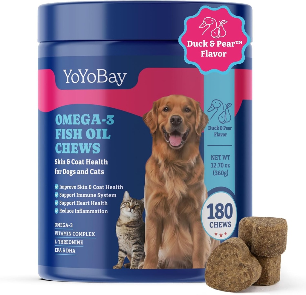 Fish Oil Chews for Dogs & Cats, Omega 3 Fish Oil for Dogs - Rich in Omega 3, 6 og 9 med Flaxseed Oil, EPA & DHA - 180 Soft Chews, Duck & Pære Flavor - Anti- Betændelse, Hud & Coat Sundhed