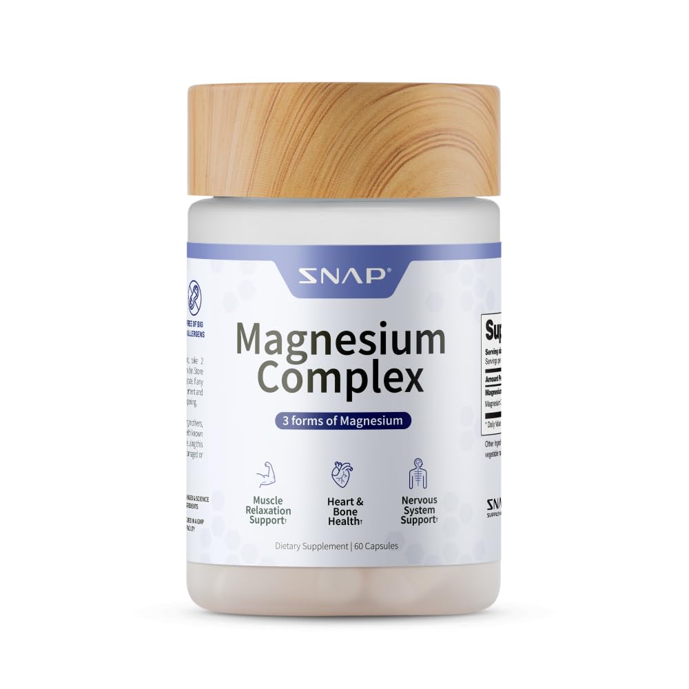 Snap Triple Magnesium Complex for Women & Men for Sleep & Muscle Support – 400mg, 3-in-1 Magnesium Supplement – Bisglycinate, Citrate & Oxide – Chelated for High-Absorption, 60 Vegetarian Capsules