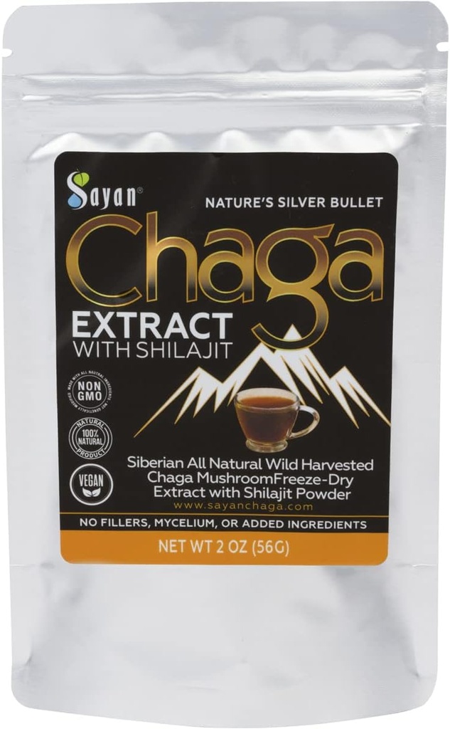 Sayan Siberian Chaga Mushroom Extract med Shilajit Powder (2 oz) - Organic Antioxidant Tea - immunforsvar og fordøjelsessystem support - Fulvic Acid Supplement - Energy & Clarity - No Fillers