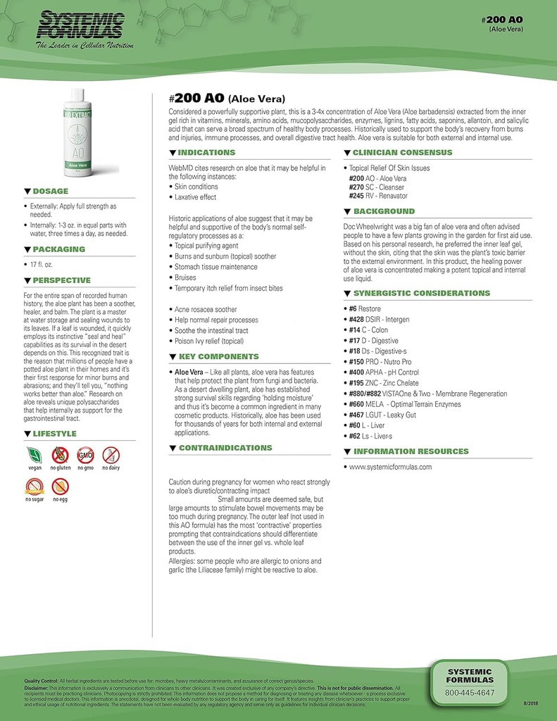 Systemiske formler AO - Aloe Vera 16 Fl Oz BioExtract # 200. 3-4x Koncentration af Aloe Vera Extract fra Inner Gel Rich. til intern & ekstern brug.