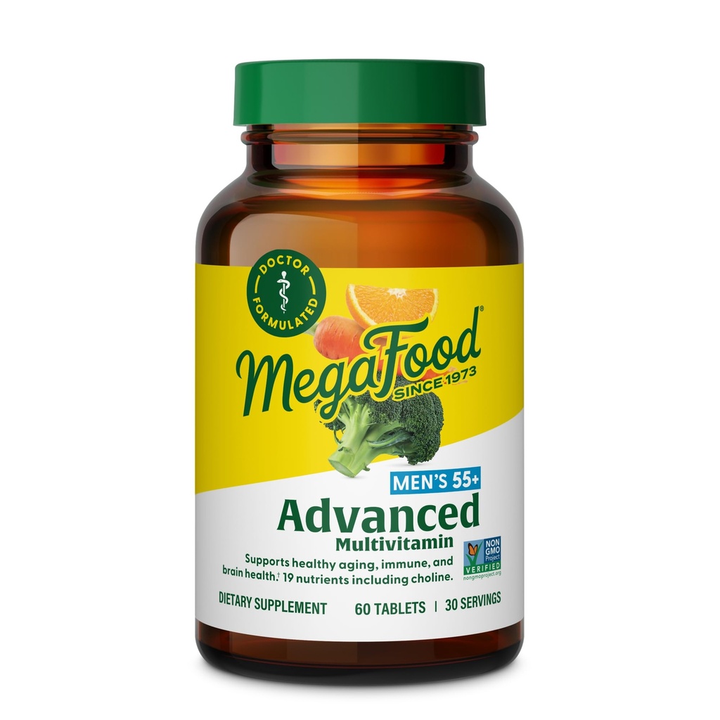 MegaFood Mænds 55 + Advanced Multivitamin for mænd - Doctor- Formuleret -Cholin, D-vitamin, vitamin B12 - Plus Real Food - Brain Health Supplement for voksne & immunforsvar - 60 Tabs (30 Servere)