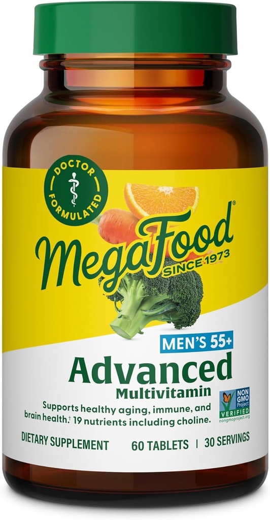 MegaFood Mænds 55 + Advanced Multivitamin for mænd - Doctor- Formuleret -Cholin, D-vitamin, vitamin B12 - Plus Real Food - Brain Health Supplement for voksne & immunforsvar - 60 Tabs (30 Servere)