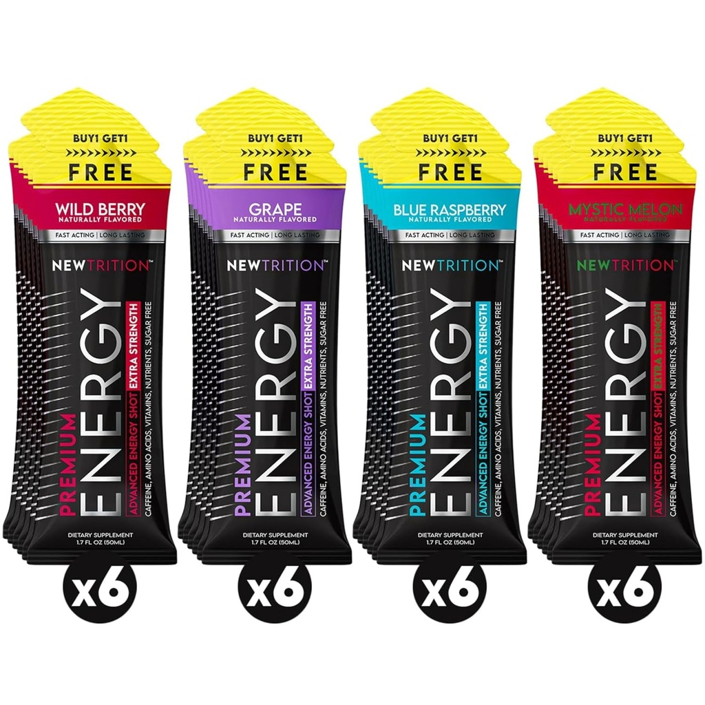 NewTrition ® Extra Strength Energy Shots 1.7 fl oz (Pack of 24, 4 Flavors) - 250 mg koffein med B Vitamin & Aminosyrer, Sugar- Free Zero Calorie Vitamin Energy Drikke til Focus & Endurance (Mixed-1)