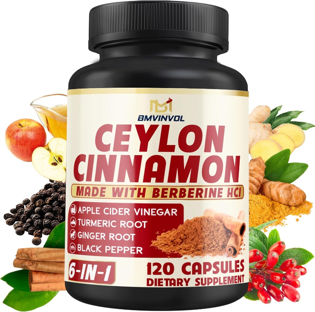 Ceylon kanel kapsler med Berberine HCl, Apple Cider Vincils, gurkemeje, Ginseng, Black Pepper - 6in1 for support immunfunktion - 120 Greve