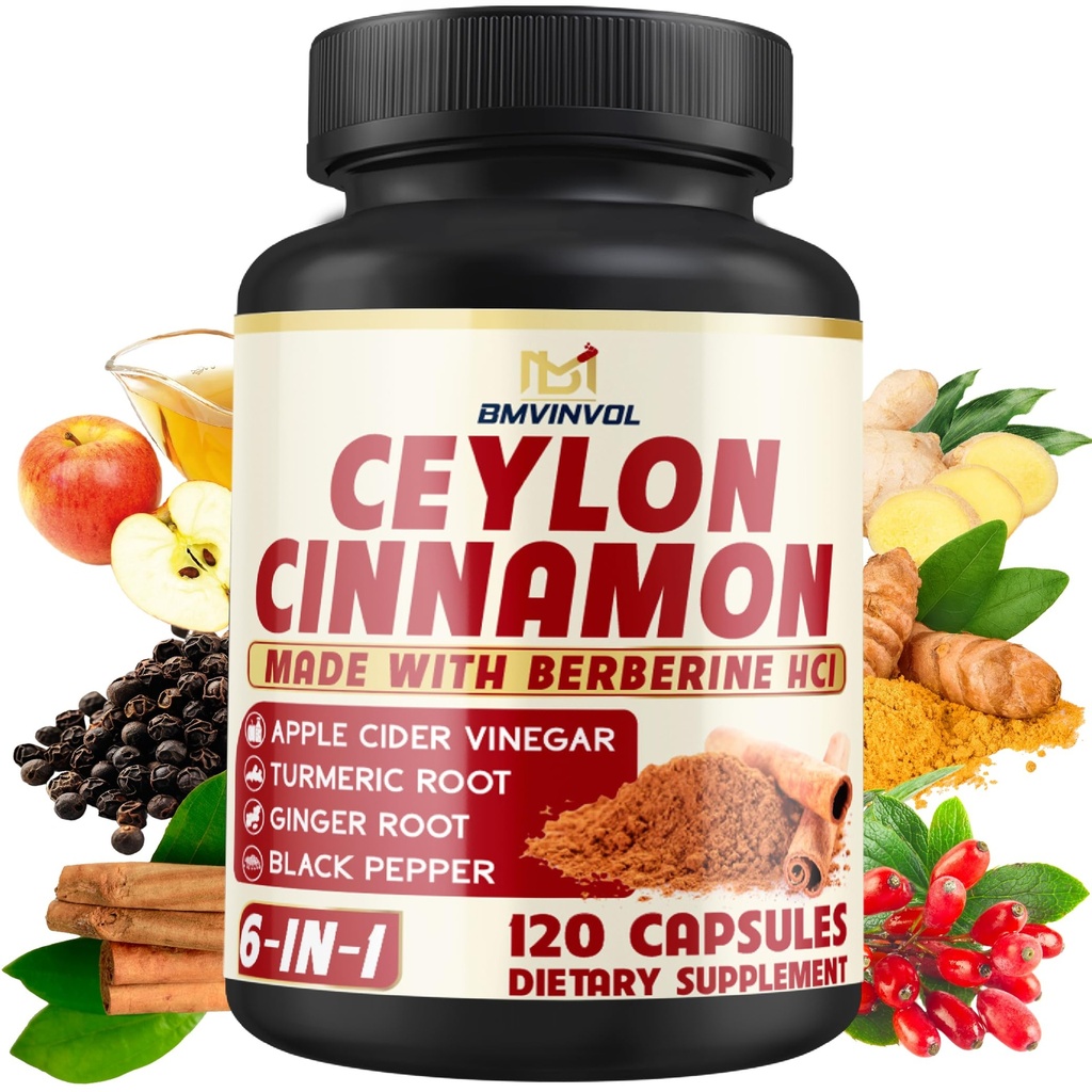 Ceylon kanel kapsler med Berberine HCl, Apple Cider Vincils, gurkemeje, Ginseng, Black Pepper - 6in1 for support immunfunktion - 120 Greve