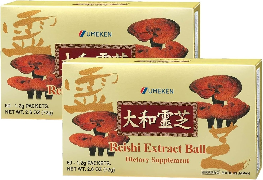 Umeken Reishi Mushroom Extract Balls, Koncentreret, Japansk Reishi Mushroom Supplement med Beta Glucan, Koncentreret i Ball Format, 4 Måned Supply, 60 Pakker, pakke med 2