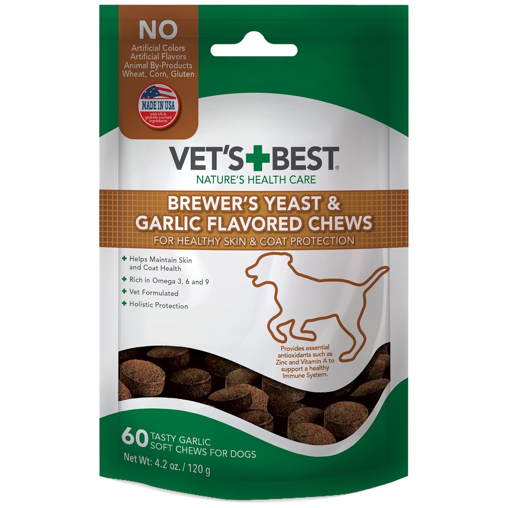 Vet 's Best Brewer' s Gær & hvidløg Chews, Omega 3 for hunde sund hud & Coat Beskyttelse for hunde, hund formuleret med veterinær anbefalet dosering, hvidløg Kosttilskud, 60 ct