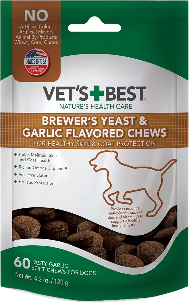 Vet 's Best Brewer' s Gær & hvidløg Chews, Omega 3 for hunde sund hud & Coat Beskyttelse for hunde, hund formuleret med veterinær anbefalet dosering, hvidløg Kosttilskud, 60 ct