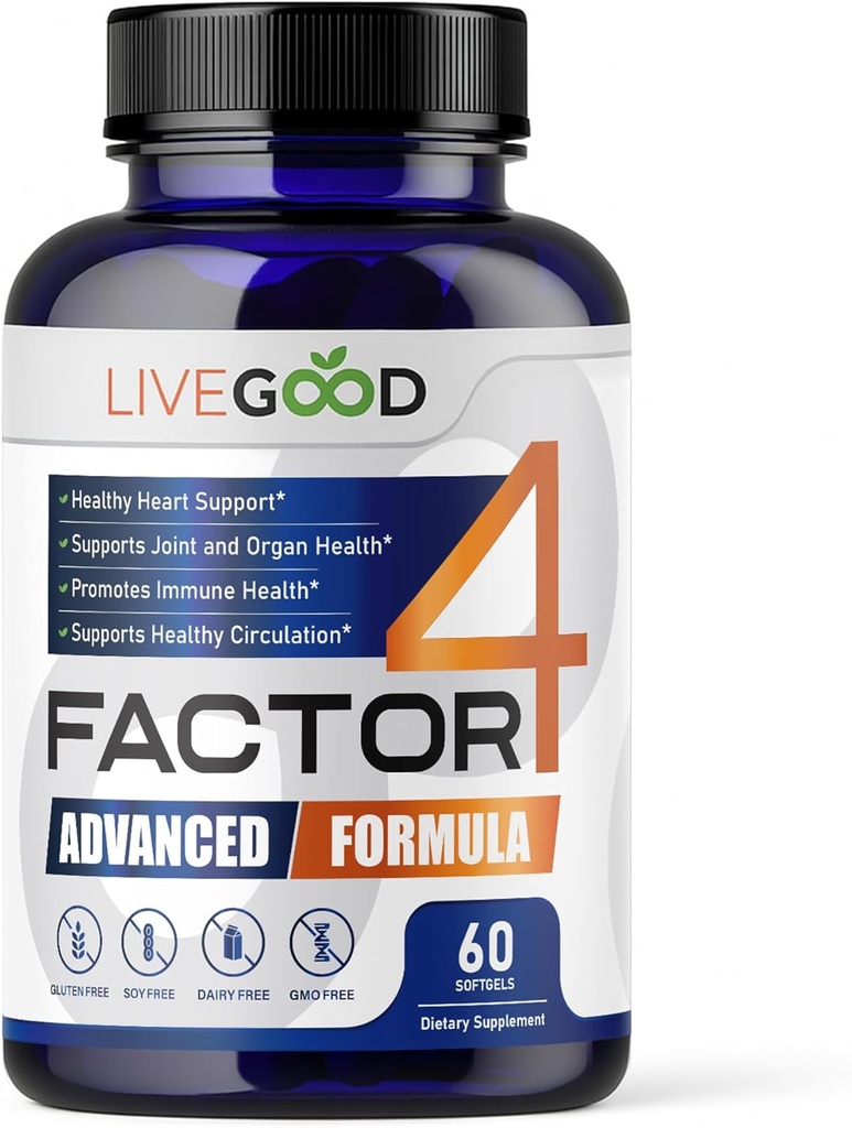 LIVEGOOD ™ Factor 4, Omega 3 Fish Oil med EPA & DHA, CoQ10, og gurkemeje, Avanceret Q10 Coenzym & CoQ10 Kosttilskud, DHA Kosttilskud til hjerte, fælles & immunforsvar, Lavet i USA, 60 Greve,