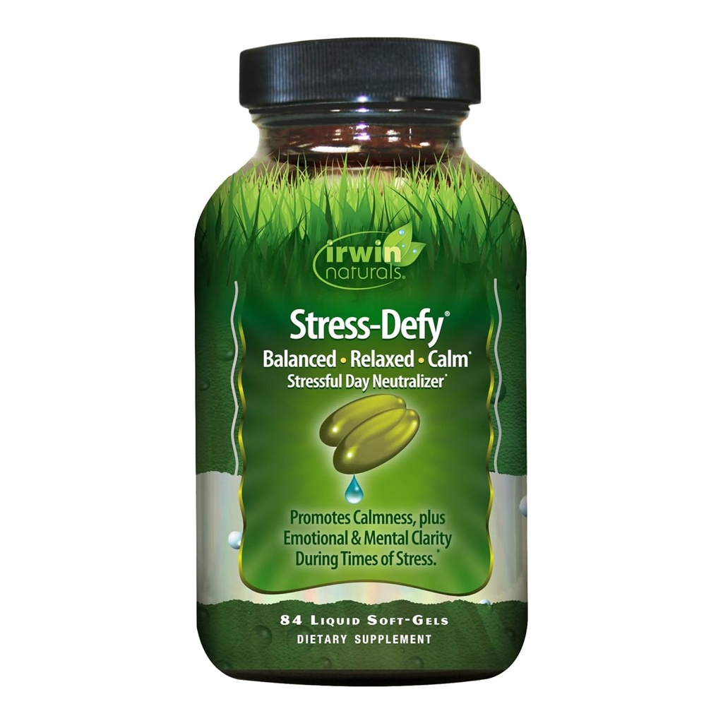 Irwin Naturals Stress- Defy - 84 Liquid Soft- Gels - fremmer Calmness & Afslapning - med Rhodiola & L- Theanine - 84 Serveringer