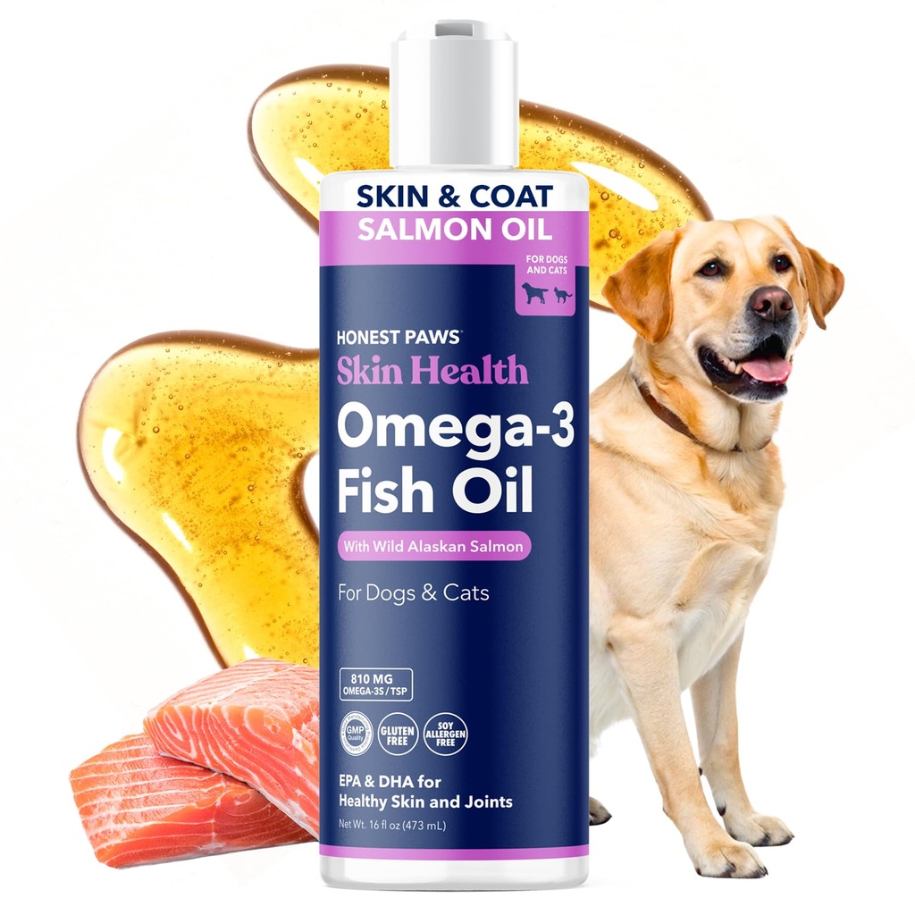 Ærlige Paws Wild Alaska Salmon Oil for Dogs & Cats - Omega 3 Fish Oil supplement til hud, Coat, Joint & Heart Health - Natural, bæredygtigt sourced, 16 oz