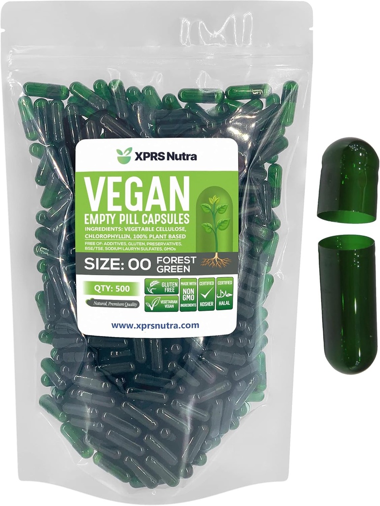 XPRS Nutra Størrelse 00 Tomme kapsler - 500 Grev Tomme Veganske kapsler - Vegetariske Tomme piller - DIY Vegetabilske Kapsler Filling- Veggie Pill Caps (Forest Green)