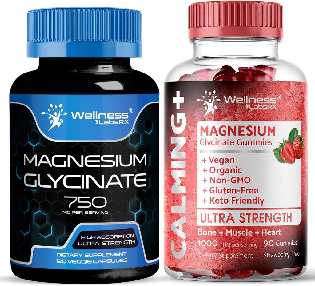 WELLNESS LABSRX Magnesium Glycinate Capsules 750mg - Magnesium Glycinate Gummies 1000mg