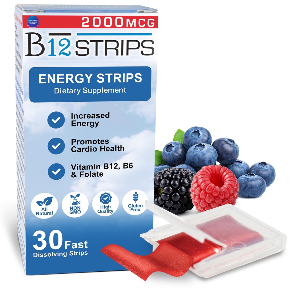 Essential Source 2000 mcg Methylcobalamin Vitamin B12 Sublingual Energy Strips C124; Biotin, B6, 5-MTHF L- Methylfolate C124; Sublingual B12 Vitamin, Folate C124; Energi, Nerve funktion - 30 Strips