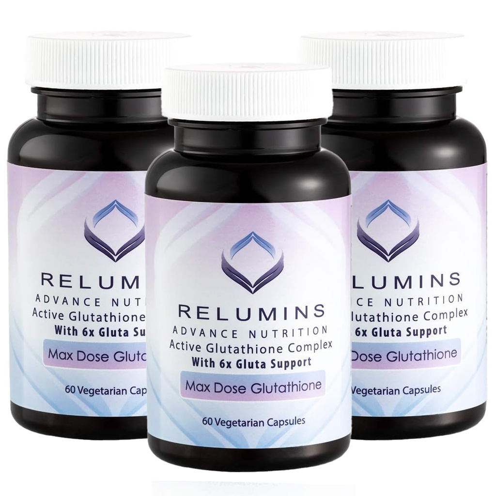 Reluminer Advance White Active Glutathione Complex - Max dosis 900mg Glutathion med 6X boostere, ALA & NAC - Anti- Aging Skin Brightening Supplement - 60 Caps x 3 flasker