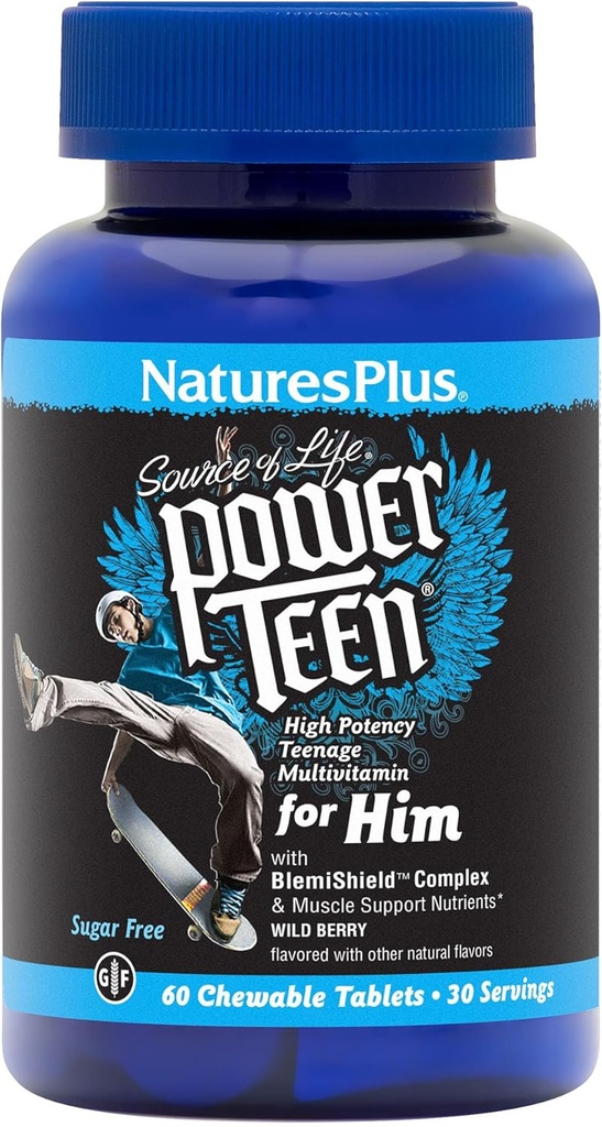 Natures Plus Power Teen for Him - 60 Chewable Tablets, Wild Berry - High-Potency Teenage Multivitamin - Sugar Free, Vegetarian, Gluten Free - 30 Servings