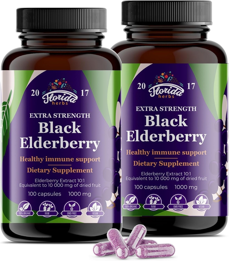 Sort Hyldebær Kapsler 124; 200 Tæl - 10,000mg - 124; Sambucus Hyldebær Vitamin, Non- GMO, Gluten Free, Økologisk Hyldebær Extract Sambucus Nigra - 200 Vegansk Kapsler - Pakning med 2