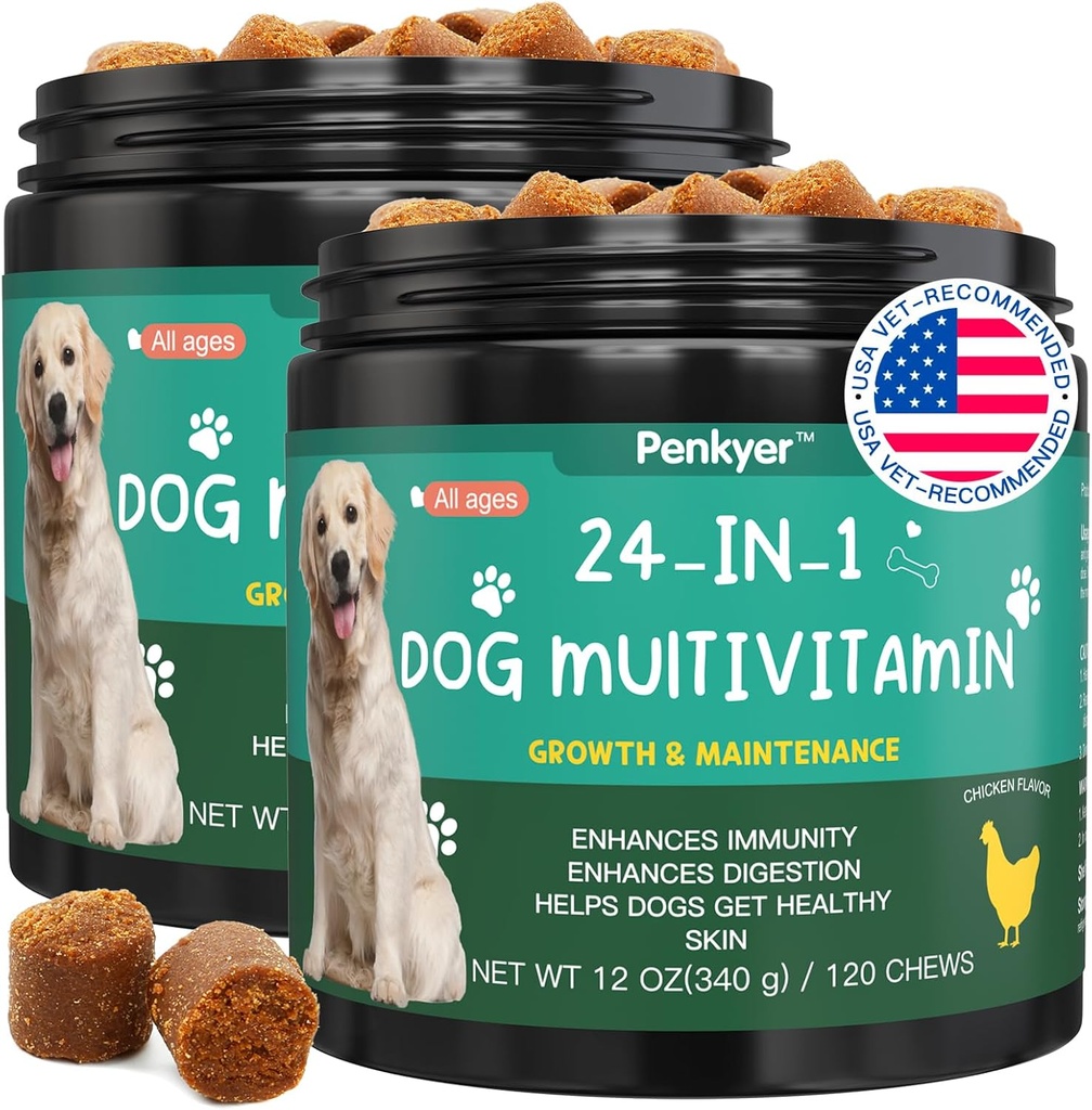 Hundevitaminer og kosttilskud, Senior & Puppy Multivitamin til hunde Støtte med Glucosamin Chondroitin Omega Probiotika - Hundemultivitaminer Chewable for Hip & Joint, Hud, Immun- (Chicken 240 Ct)