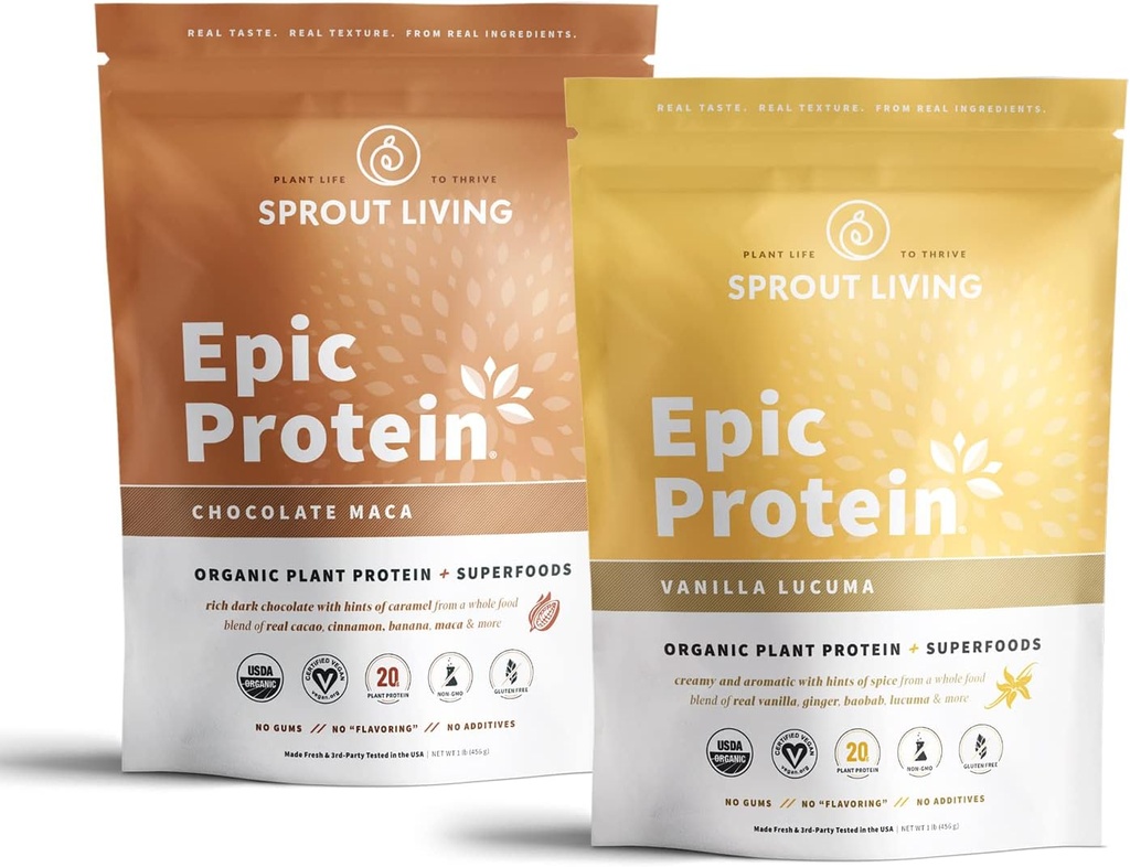 Spraut Living Epic Protein Bundle - Chokolade Maca & Vanilla Lucuma (20g Organic Plant-baseret protein pulver, Vegan, Gluten Free, Superfoods) Name 124; 1lb, 12 Servere