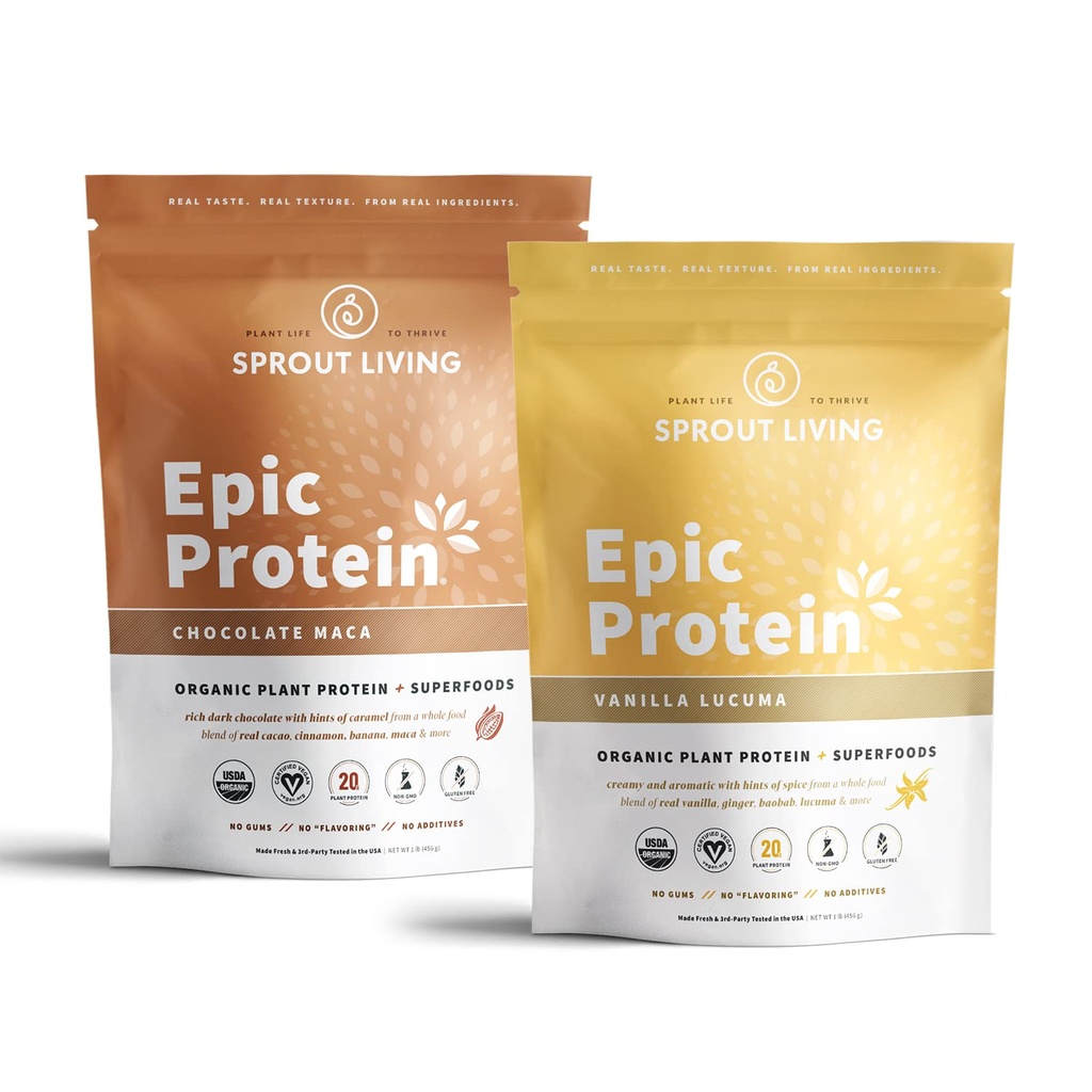 Spraut Living Epic Protein Bundle - Chokolade Maca & Vanilla Lucuma (20g Organic Plant-baseret protein pulver, Vegan, Gluten Free, Superfoods) Name 124; 1lb, 12 Servere