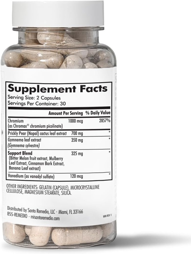 Santo Remedio 's eksklusive formel med Nopal, Chrom Picolinate (Chrommax), Gurmar (Gymnema Silvestre), og Vanadyl Sulfate. 60 kapsler (30 Servere)
