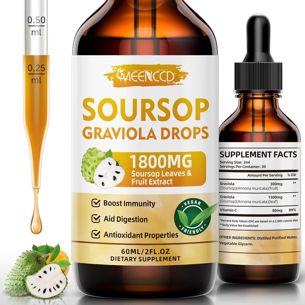 Soursop Graviola Liquid Drops 1800mg, Natural Antioxidant, Cell Support & Regeneration, Immune Boost, Soursop Bitters Liquid, Sugar-Free, Non-GMO, Vegan, Orange Flavor, 2 FL OZ