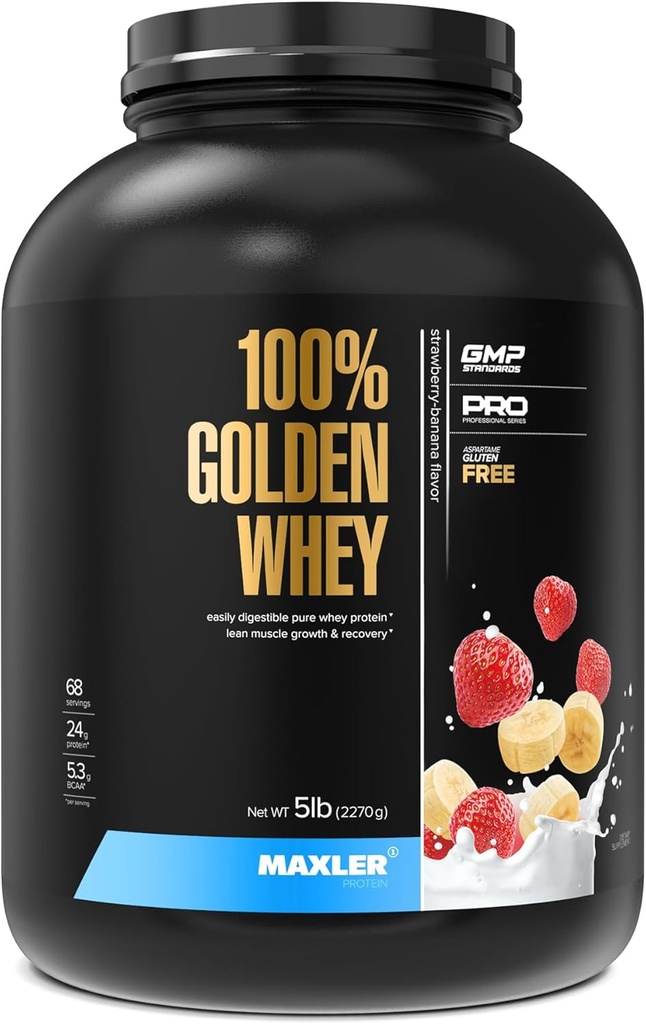 Maxler 100% Golden Whey Protein - 24g protein per servering - Premium Whey Protein Powder for Pre Post Workout - Fast- Absorbing Whey koncentrat, Isolate & Hydrolysate Blend - Strawberry Banana 5 LB