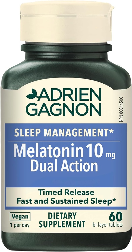 Adrien Gagnon - Melatonin 10mg, Dual Action Time Release Melatonin til dyb søvn, naturlige sovemidler til voksne ekstra styrke, 60 Vegan Melatonin Fast Opløs tabletter