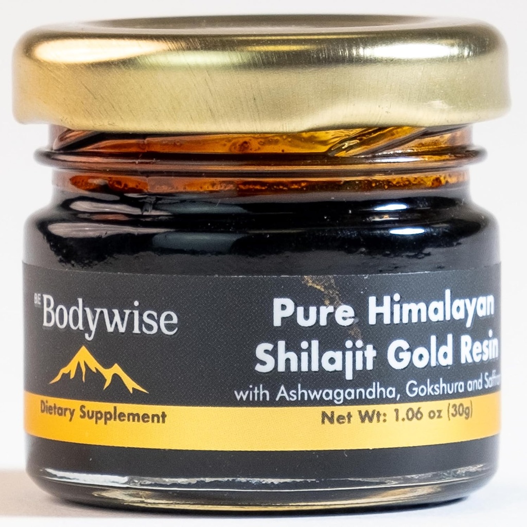 Be Bodywise Pure Himalayan Shilajit Resin Gold I Lab Testet I Ashwagandha, Gokshura & Saffron I Fulvic Acid & Trace Minerals I Shilajit for Mænd & Kvinder; Zero Sugar I 100% Organic & Natural I 30 gm.