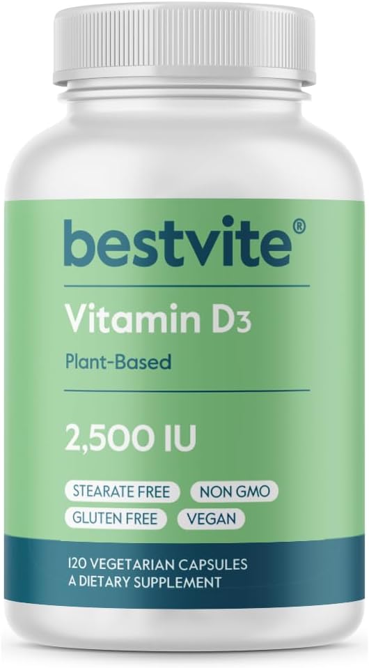 BESTVITE Vegansk Vitamin D3 2500 IE (120 Vegetariske Kapsler) - Ingen Stearates - Vegan - Ikke GMO - Gluten Free
